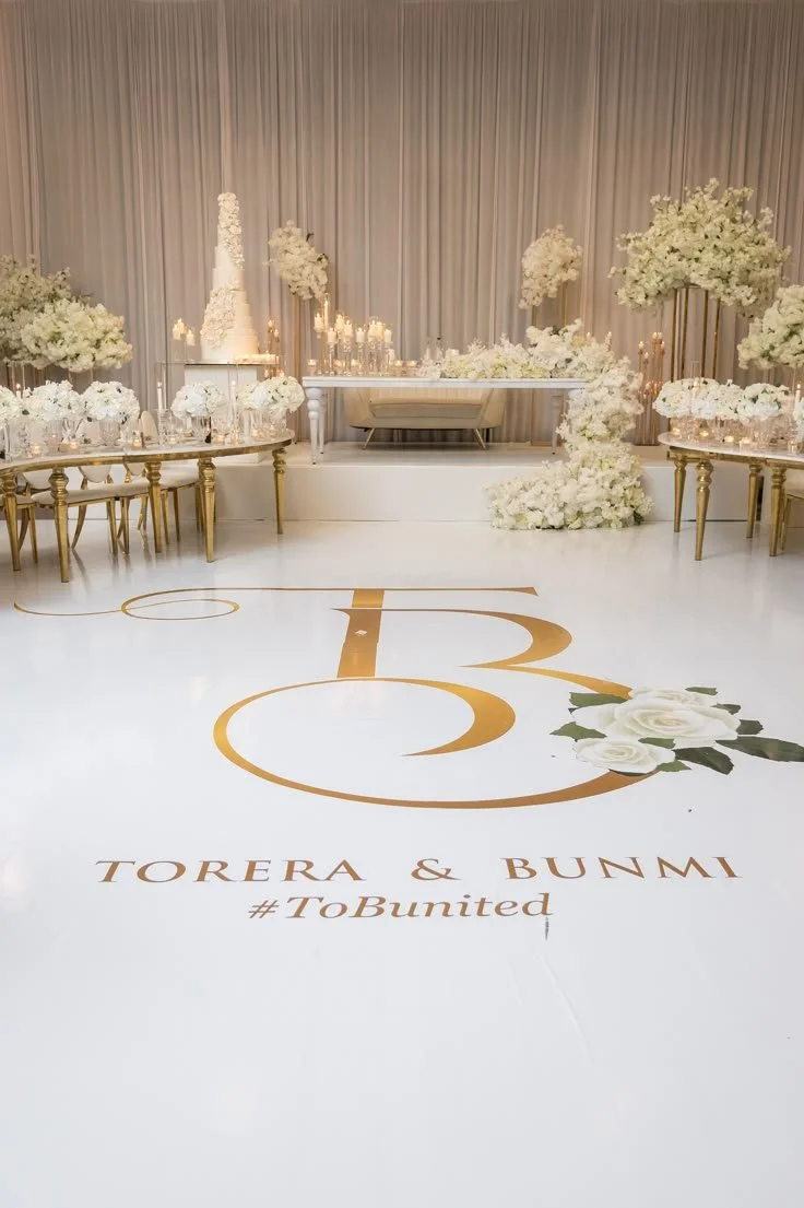 Torera and Bunmi's gold monogram dance floor