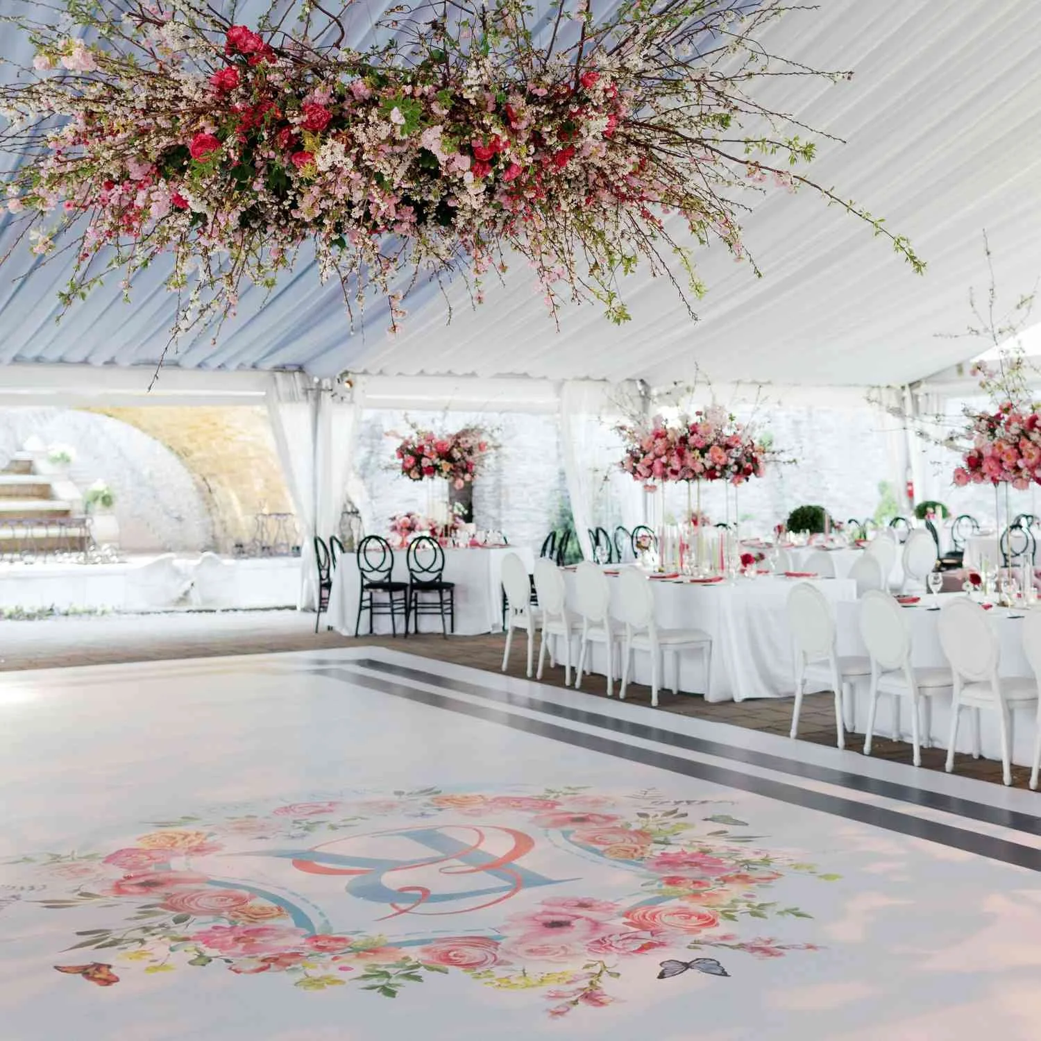 Full-colour floral artwork printed edge to edge across a custom dance floor