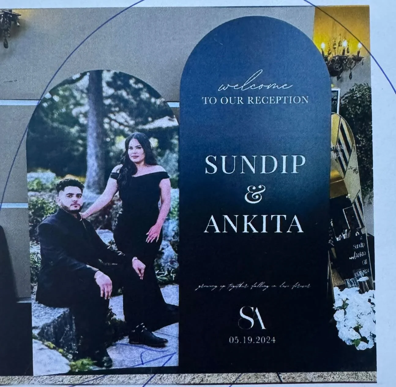 Custom welcome sign matching the event's floor design