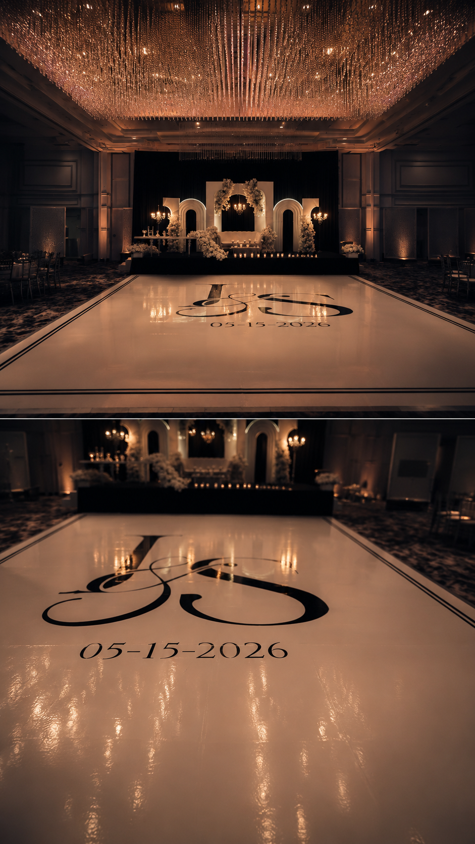Monogram and date dance floor at dusk